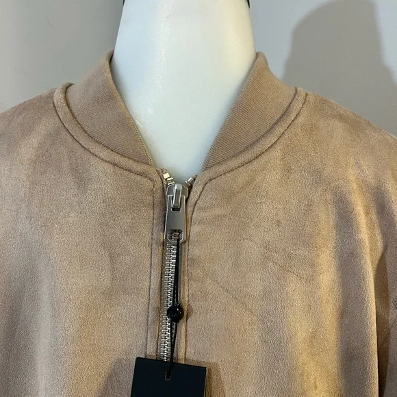 Tan Suede Bomber Jacket with Ribbed Details - Picture 3 of 13